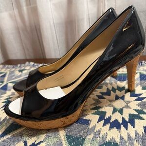Via Spiga Black Patent Peep-Toe Heels